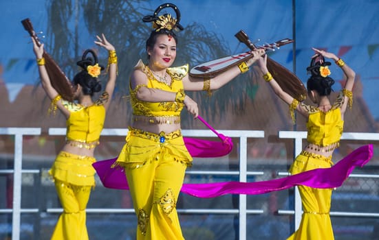 LAS VEGAS - FEB 09 : Chinese folk dancers perform at the Chinese New Year celebrations held in Las Vegas , Nevada on February 09 2014