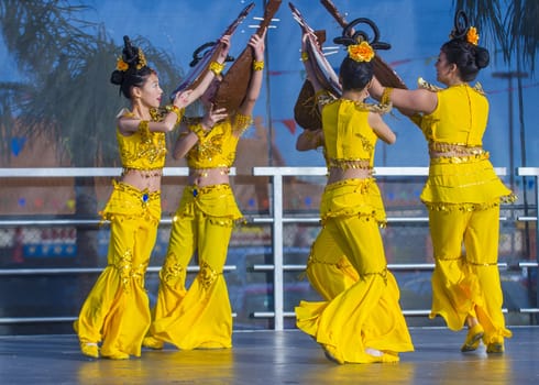 LAS VEGAS - FEB 09 : Chinese folk dancers perform at the Chinese New Year celebrations held in Las Vegas , Nevada on February 09 2014