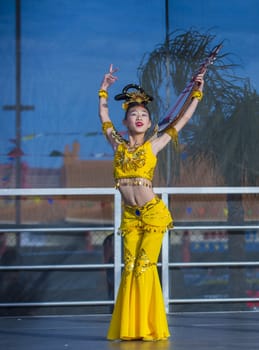 LAS VEGAS - FEB 09 : Chinese folk dancer perform at the Chinese New Year celebrations held in Las Vegas , Nevada on February 09 2014