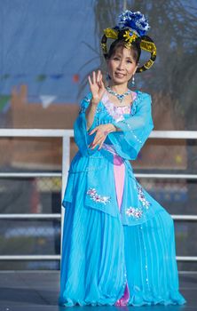 LAS VEGAS - FEB 09 : Chinese folk dancer perform at the Chinese New Year celebrations held in Las Vegas , Nevada on February 09 2014