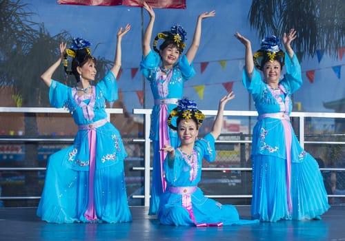 LAS VEGAS - FEB 09 : Chinese folk dancers perform at the Chinese New Year celebrations held in Las Vegas , Nevada on February 09 2014