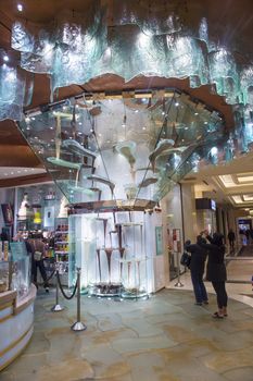 LAS VEGAS - JAN 13 : Worlds Largest Chocolate Fountain in Bellagio hotel in Las Vegas on January 13 , 2014. The fountain is a guinness world record , it is 3 meter tall and circulates 2 ton of chocolate