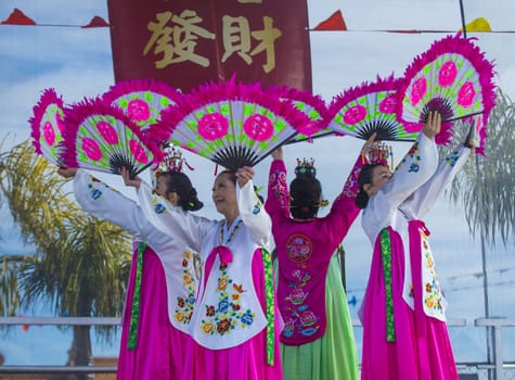 LAS VEGAS - FEB 09 : Chinese folk dancers perform at the Chinese New Year celebrations held in Las Vegas , Nevada on February 09 2014