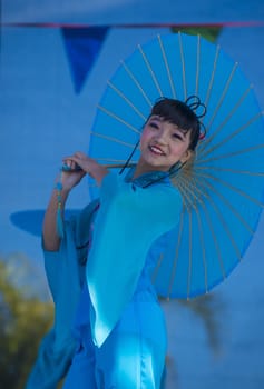 LAS VEGAS - FEB 09 : Chinese folk dancer perform at the Chinese New Year celebrations held in Las Vegas , Nevada on February 09 2014