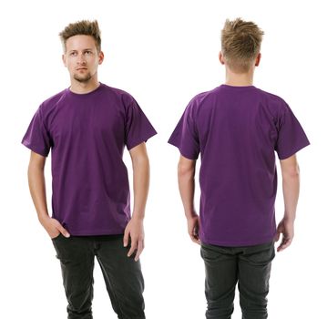 Photo of a man wearing blank purple t-shirt, front and back. Ready for your design or artwork.