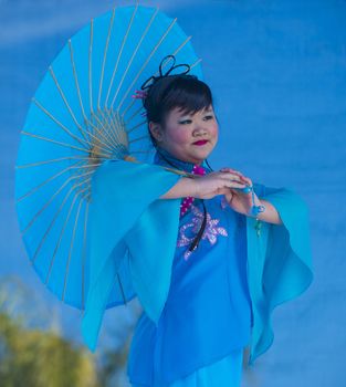 LAS VEGAS - FEB 09 : Chinese folk dancer perform at the Chinese New Year celebrations held in Las Vegas , Nevada on February 09 2014