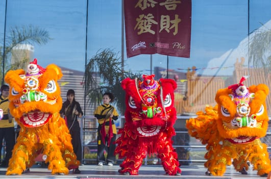 LAS VEGAS - FEB 09 : Lion dance performance during the Chinese New Year celebrations held in Las Vegas , Nevada on February 09 2014