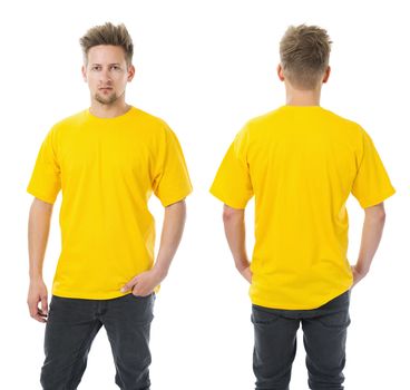 Photo of a man wearing blank yellow t-shirt, front and back. Ready for your design or artwork.