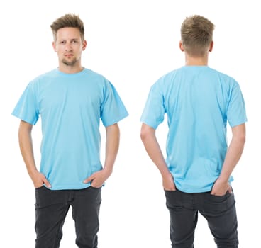 Photo of a man wearing blank light blue t-shirt, front and back. Ready for your design or artwork.
