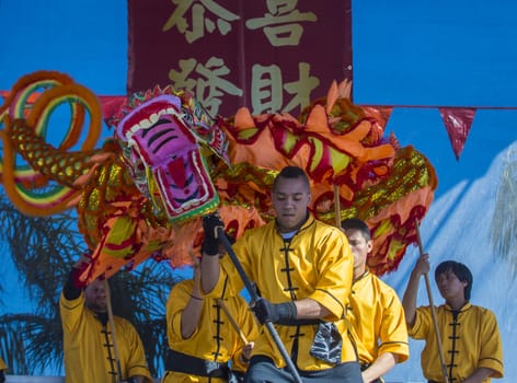 LAS VEGAS - FEB 09 : Dragon dance performers during the Chinese New Year celebrations held in Las Vegas , Nevada on February 09 2014