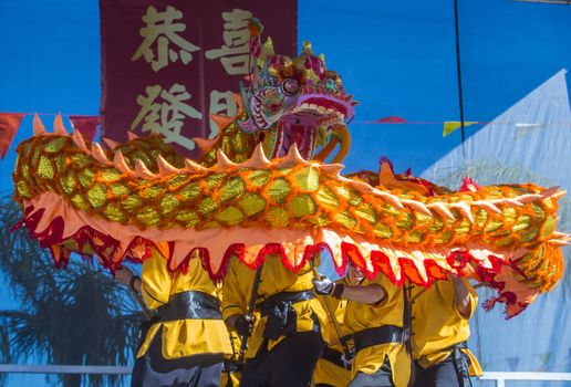 LAS VEGAS - FEB 09 : Dragon dance performers during the Chinese New Year celebrations held in Las Vegas , Nevada on February 09 2014