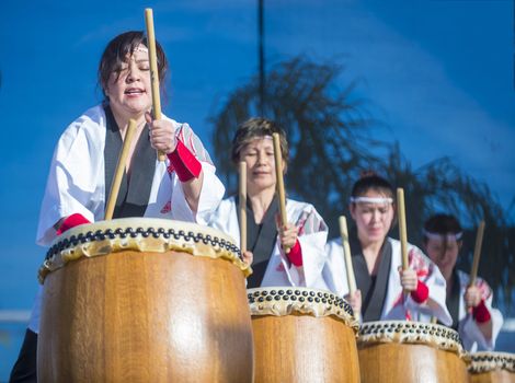 LAS VEGAS - FEB 09 : Japanese Taiko drummers perform at the Chinese New Year celebrations held in Las Vegas , Nevada on February 09 2014