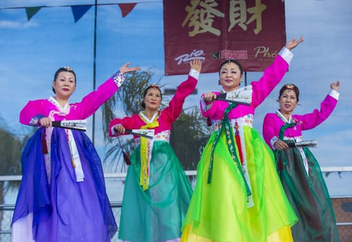 LAS VEGAS - FEB 09 : Chinese folk dancers perform at the Chinese New Year celebrations held in Las Vegas , Nevada on February 09 2014