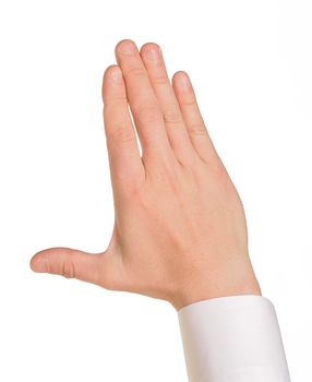 Caucasian male hand in a shirt. Isolated over the white background