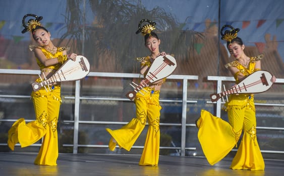 LAS VEGAS - FEB 09 : Chinese folk dancers perform at the Chinese New Year celebrations held in Las Vegas , Nevada on February 09 2014