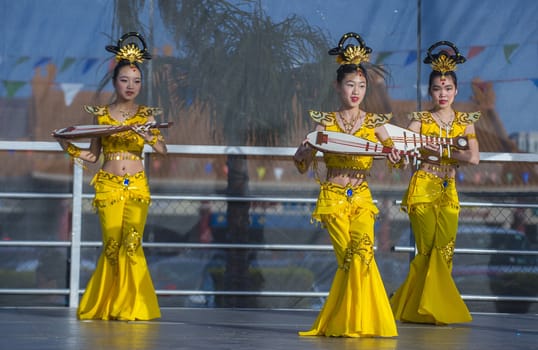 LAS VEGAS - FEB 09 : Chinese folk dancers perform at the Chinese New Year celebrations held in Las Vegas , Nevada on February 09 2014