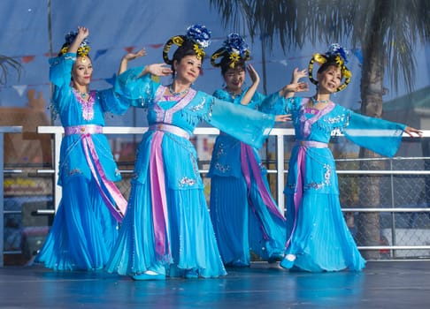 LAS VEGAS - FEB 09 : Chinese folk dancers perform at the Chinese New Year celebrations held in Las Vegas , Nevada on February 09 2014