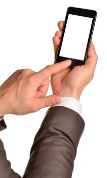 Close up of man using mobile smart phone. Isolated on white background