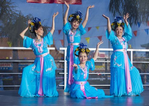 LAS VEGAS - FEB 09 : Chinese folk dancers perform at the Chinese New Year celebrations held in Las Vegas , Nevada on February 09 2014