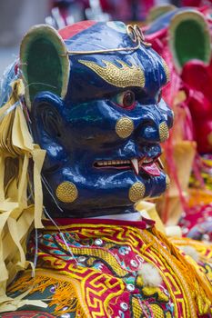 SAN FRANCISCO - FEB 15 : Traditional man-size costumes worn during parades before the beginning of the annual Chinese new year parade on February 15 2014 on San Francisco , California