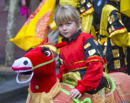 SAN FRANCISCO - FEB 15 : Unidentified dress up children performing during the Chinese New Year Parade in San Francisco , California on February 15 2014 , It is the largest Asian event in North America 