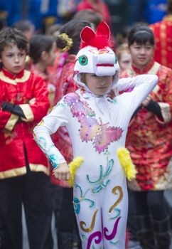 SAN FRANCISCO - FEB 15 : Unidentified dress up children performing during the Chinese New Year Parade in San Francisco , California on February 15 2014 , It is the largest Asian event in North America 