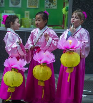 SAN FRANCISCO - FEB 15 : Unidentified dress up children performing during the Chinese New Year Parade in San Francisco , California on February 15 2014 , It is the largest Asian event in North America 