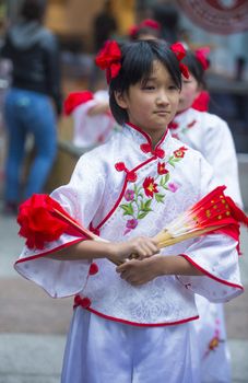 SAN FRANCISCO - FEB 15 : Unidentified dress up children performing during the Chinese New Year Parade in San Francisco , California on February 15 2014 , It is the largest Asian event in North America 