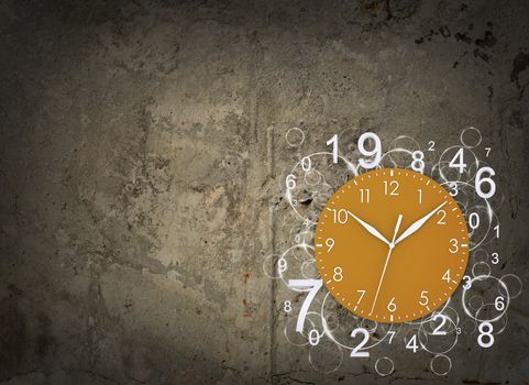 Clock face with white figures. Concrete background