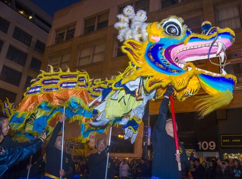 SAN FRANCISCO - FEB 15 : An unidentified participants in a Dragon dance at the Chinese New Year Parade in San Francisco , California on February 15 2014 , It is the largest Asian event in North America 