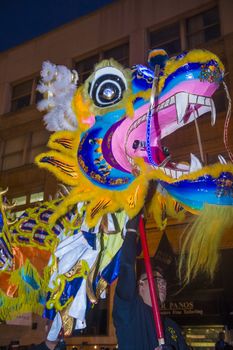 SAN FRANCISCO - FEB 15 : An unidentified participant in a Dragon dance at the Chinese New Year Parade in San Francisco , California on February 15 2014 , It is the largest Asian event in North America 