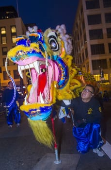 SAN FRANCISCO - FEB 15 : An unidentified participants in a Dragon dance at the Chinese New Year Parade in San Francisco , California on February 15 2014 , It is the largest Asian event in North America 