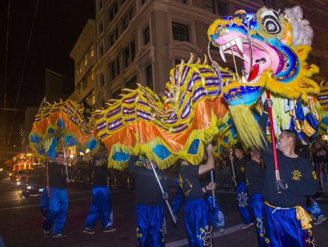 SAN FRANCISCO - FEB 15 : An unidentified participants in a Dragon dance at the Chinese New Year Parade in San Francisco , California on February 15 2014 , It is the largest Asian event in North America 