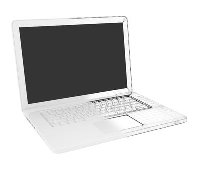 Half of the laptop - wire-frame. Isolated render on a white background