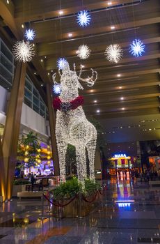 LAS VEGAS - JAN 13 : holiday light installation at Aria hotel in Las Vegas on January 13 2014. The Aria was opened on 2009 and is the world's largest hotel to receive LEED Gold certification