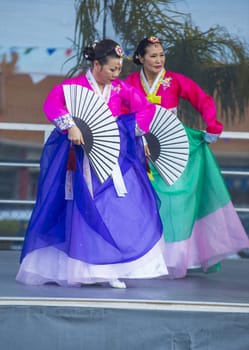 LAS VEGAS - FEB 09 : Chinese folk dancers perform at the Chinese New Year celebrations held in Las Vegas , Nevada on February 09 2014