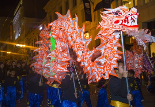 SAN FRANCISCO - FEB 15 : An unidentified participants in a Dragon dance at the Chinese New Year Parade in San Francisco , California on February 15 2014 , It is the largest Asian event in North America 