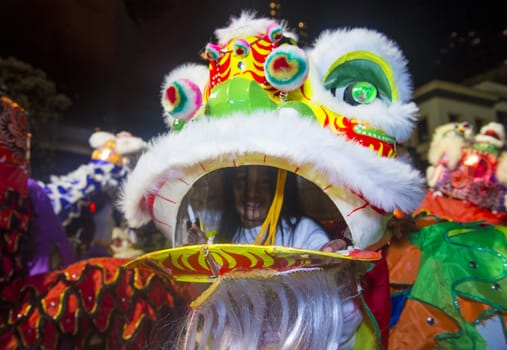 SAN FRANCISCO - FEB 15 : An unidentified participant in a Lion dance at the Chinese New Year Parade in San Francisco , California on February 15 2014 , It is the largest Asian event in North America 