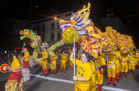 SAN FRANCISCO - FEB 15 : An unidentified participants in a Dragon dance at the Chinese New Year Parade in San Francisco , California on February 15 2014 , It is the largest Asian event in North America 