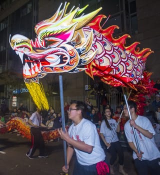 SAN FRANCISCO - FEB 15 : An unidentified participants in a Dragon dance at the Chinese New Year Parade in San Francisco , California on February 15 2014 , It is the largest Asian event in North America 