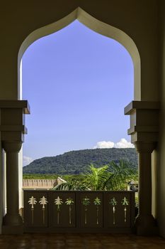 Arc overlooking mountain in new grand mosque in Cotobato, Southern Philippines