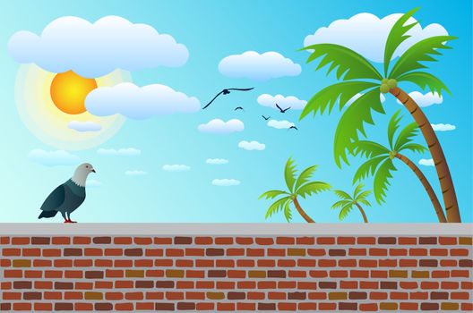 a bird on brick fence with coconut tree