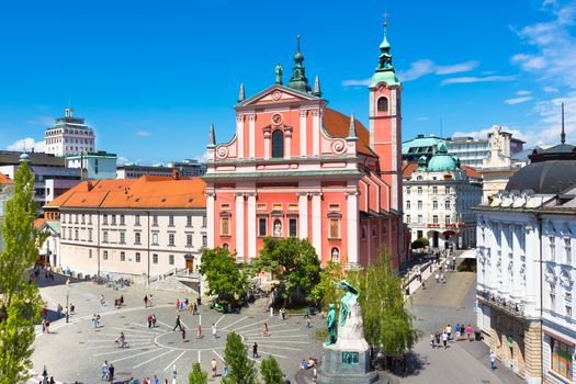 Romantic Ljubljana city center. River Ljubljanica, Triple Bridge - Tromostovje, Preseren square and Franciscan Church of the Annunciation. Ljubljana Slovenia Europe.