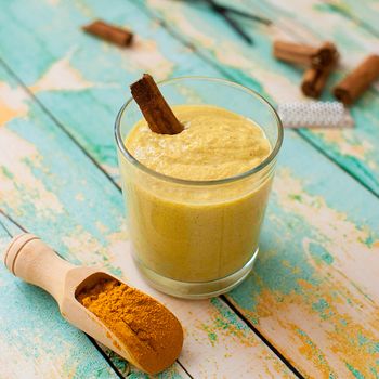 healthy smoothie with turmeric, vanilla, cinnamon and coconut milk