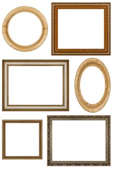Set of 6 vintage picture frames, isolated on white background