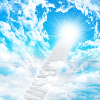 Stairs in sky with clouds and sun. Concept background