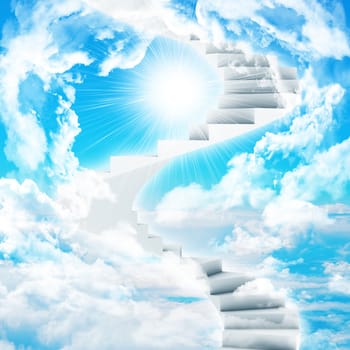 Spiral stairs in sky with clouds and sun. Concept background
