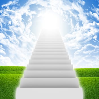 Stairs in sky with green grass, clouds and sun. Concept background