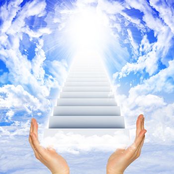 Hands hold stairs in sky with clouds and sun. Concept background