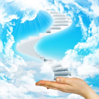 Hand hold spiral stairs in sky with clouds and sun. Concept background